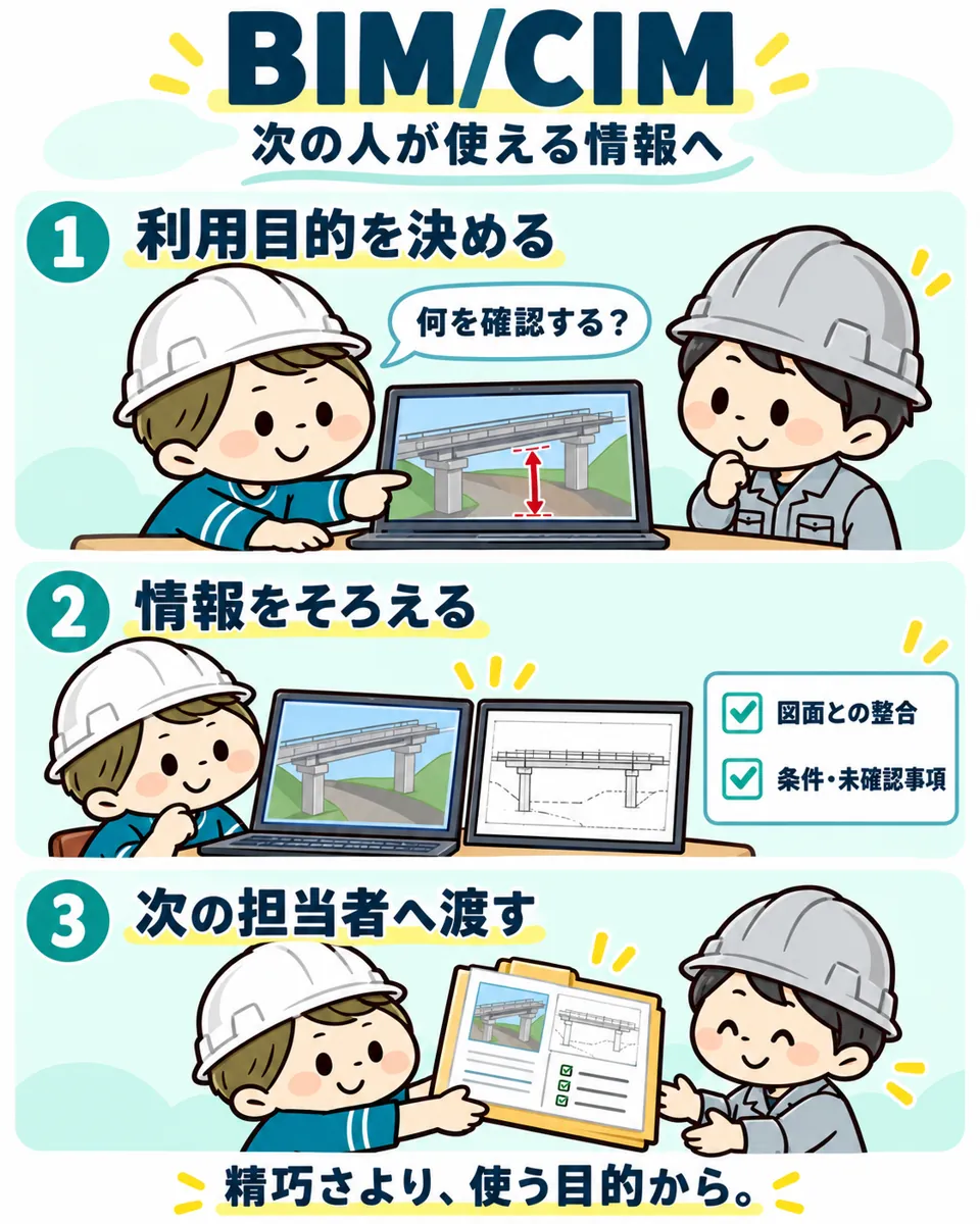 BIM/CIMの利用目的を決め、図面との整合・条件・未確認事項をそろえ、次の担当者へ渡す3場面