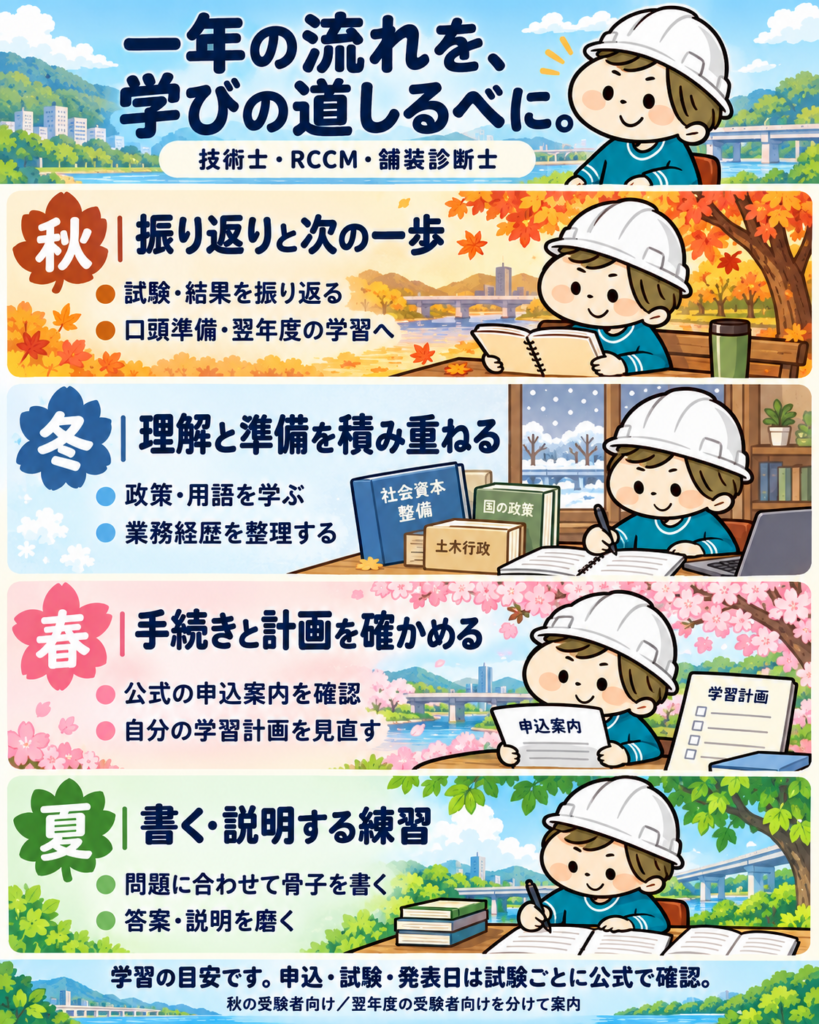 一年の学習の見取り図。秋は振返りと次の一歩、冬は政策・用語の理解と経歴整理、春は手続きと計画の確認、夏は骨子・答案・説明の練習。試験ごとの日程は別に確認する。