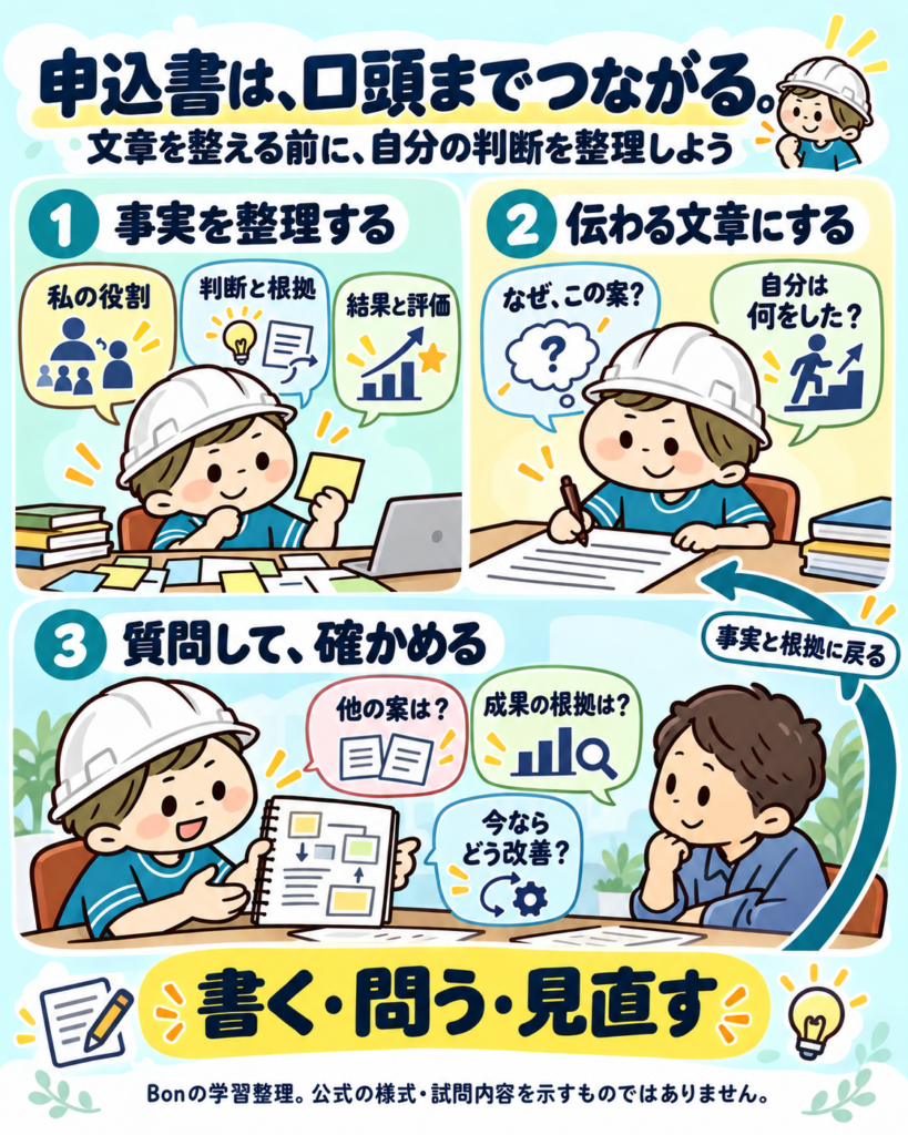 事実を整理する、伝わる文章にする、質問して確かめる。自分の役割・判断と根拠・結果と評価を、他案や改善点の問いで見直す。