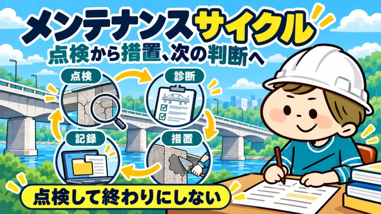 メンテナンスサイクル。点検・診断・措置・記録を次の判断へつなぐ。