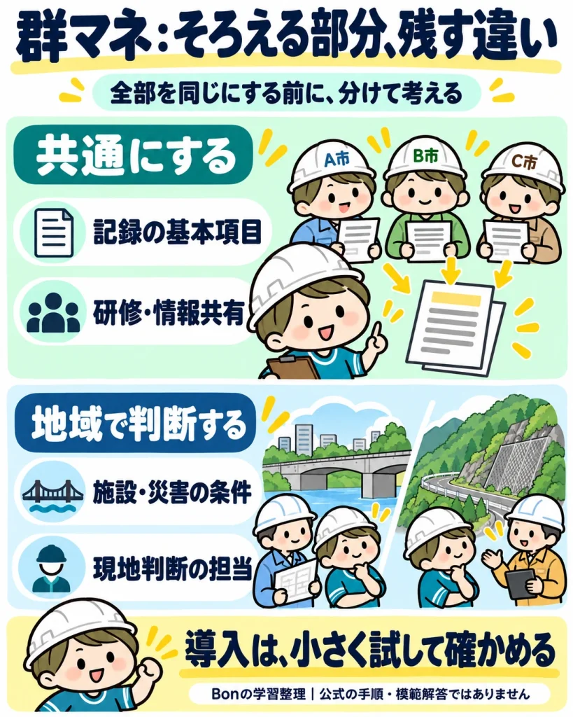 群マネの学習整理。記録の基本項目や研修・情報共有は共通化し、施設・災害の条件と現地判断の担当は地域に応じて整理する。導入は小さく試して確かめる。