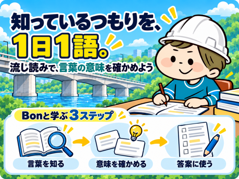 知っているつもりを、1日1語。流し読みで言葉の意味を確かめよう。ヘルメットBonと、言葉を知る・意味を確かめる・答案に使う3ステップ。