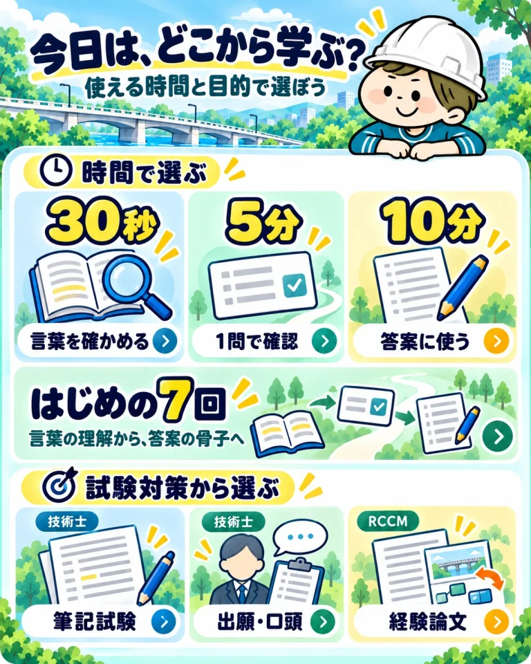 時間と目的で学び方を選ぶメニュー。各枠を押すと、その学習内容へ移動します。