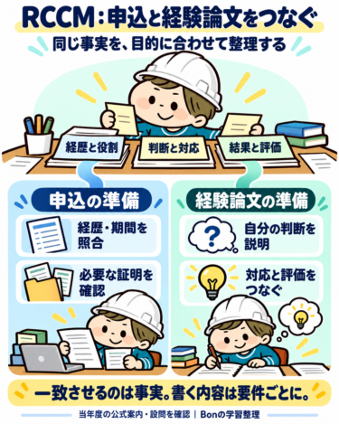 RCCMの申込と経験論文の準備を、同じ業務の事実から目的別に整理する図解。白ヘルメットのBonが経歴・役割、判断・対応、結果・評価をまとめる。