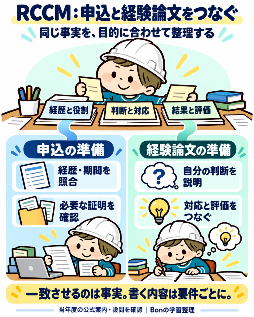 RCCMの申込と経験論文をつなぐ整理図。経歴と役割、判断と対応、結果と評価の事実をそろえ、申込では経歴・期間と証明、経験論文では判断・対応・評価を整理する。