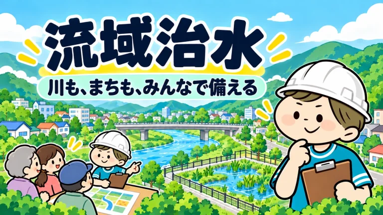 採用済みの白ヘルメットBonと、河川・まち・住民の取組を描いた流域治水の学習用イラスト。川も、まちも、みんなで備える。