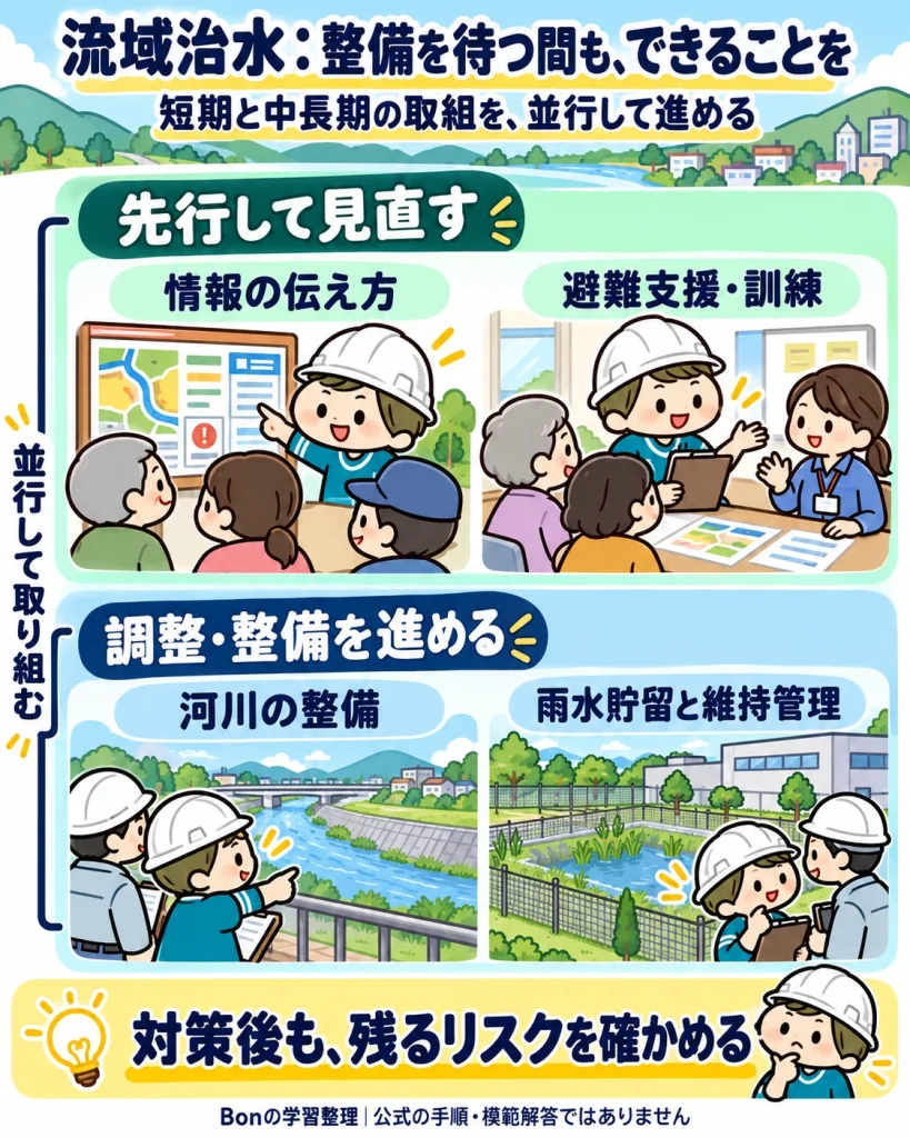 情報の伝え方や避難支援・訓練を見直すことと、河川整備や雨水貯留・維持管理の調整を並行して進める。対策後も残るリスクを確かめる。
