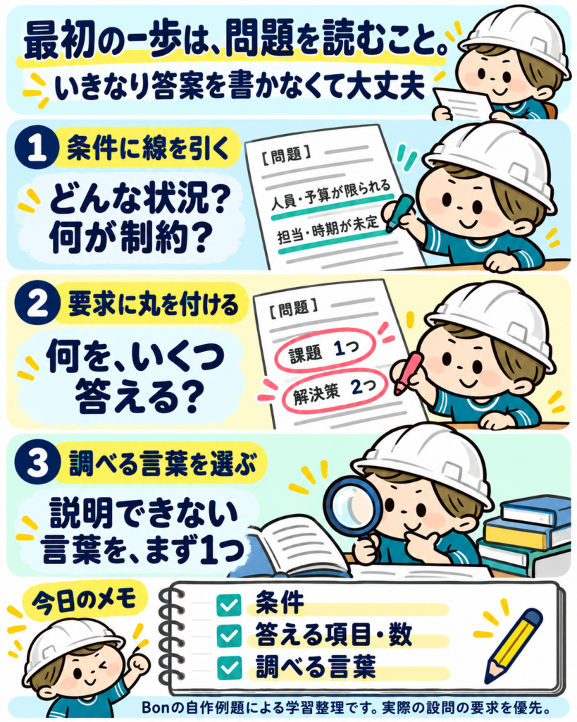 最初の読み取りは条件、答える項目と数、調べる言葉の三つをメモする。課題1つ・解決策2つは今回の自作例題の要求であり、実際の設問の要求を優先する。