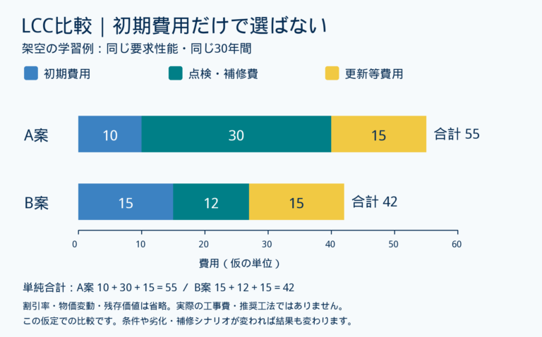 架空の30年間のLCC比較。A案は初期10・点検補修30・更新等15で合計55、B案は15・12・15で合計42。割引率等を省略した学習用単純合計。