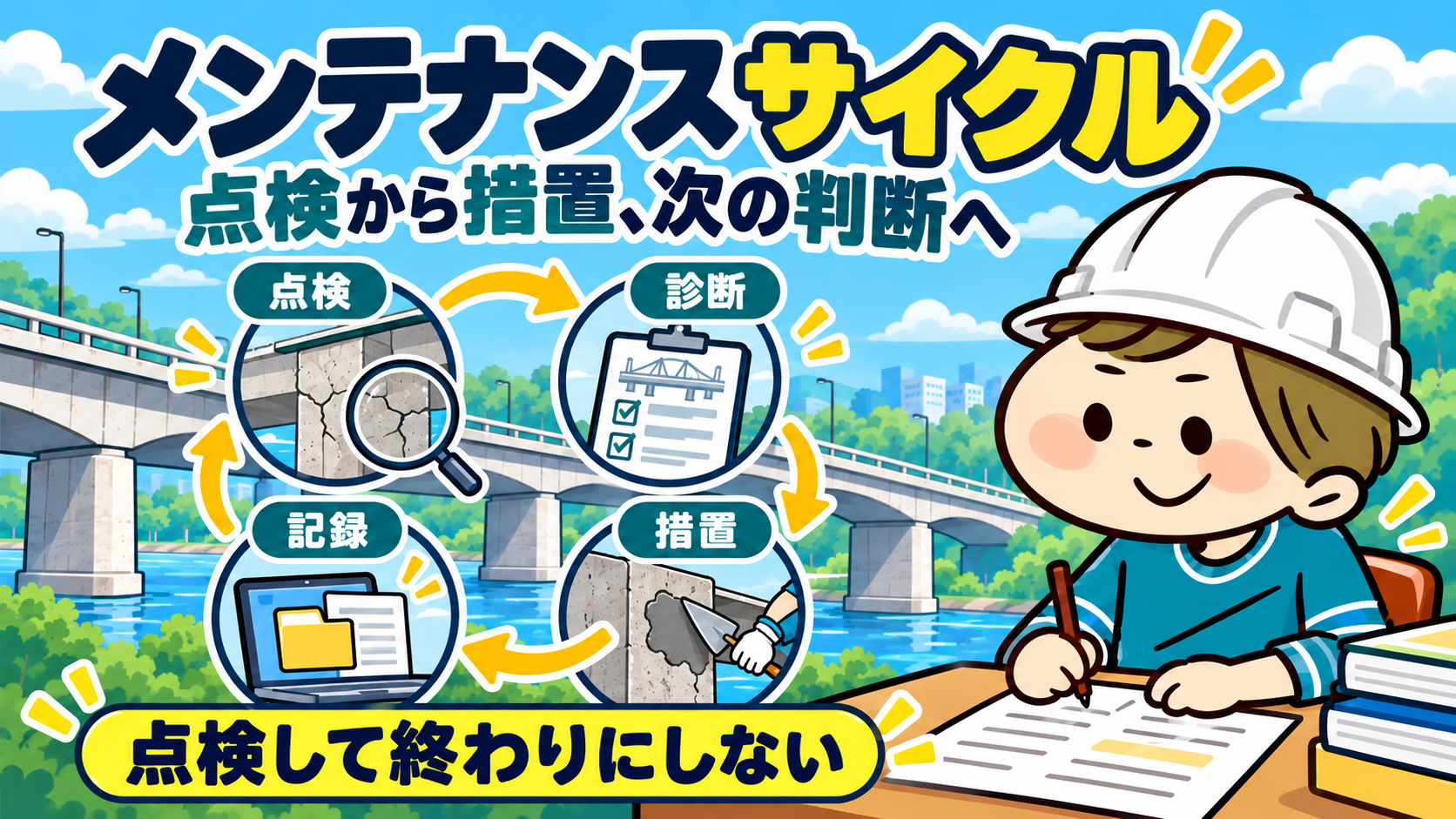 メンテナンスサイクル。点検・診断・措置・記録を次の判断へつなぐ。