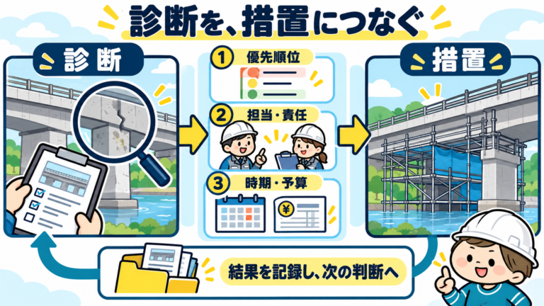 診断を措置につなぐため、優先順位、担当・責任、時期・予算を整理し、結果を記録して次の判断へ戻す概念図。