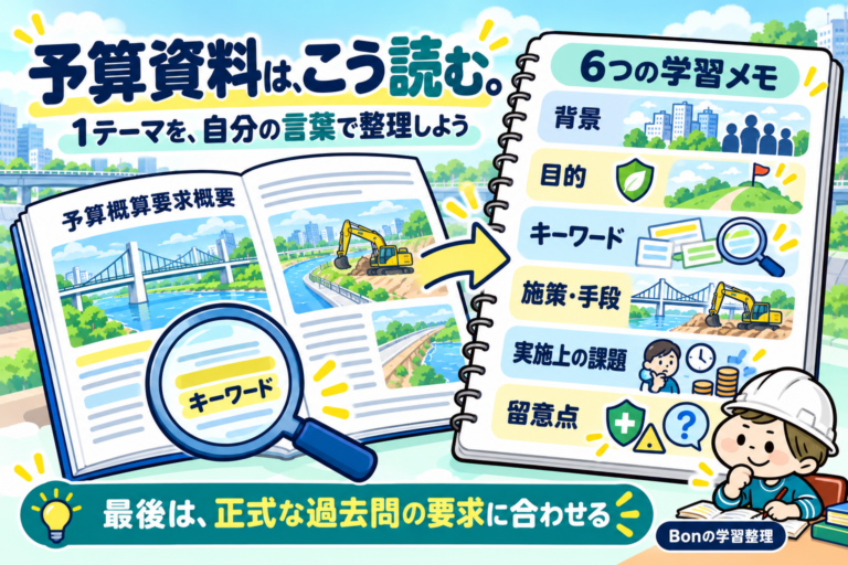 予算概算要求概要から、背景、目的、キーワード、施策・手段、実施上の課題、留意点を学習メモに整理するBonの勉強法。最後は正式な過去問の要求に合わせる。