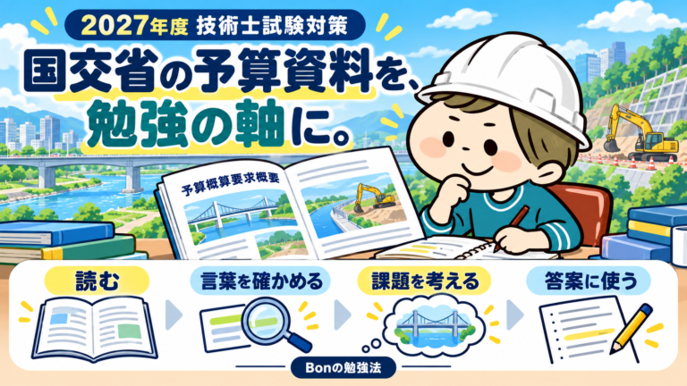 2027年度技術士試験対策。白ヘルメットのBonと予算概算要求資料。読む、言葉を確かめる、課題を考える、答案に使うというBonの勉強法。