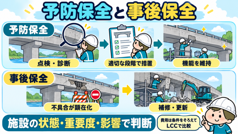 予防保全は点検・診断から適切な段階で措置し機能を維持する。事後保全は不具合顕在化後に補修・更新する。施設の状態・重要度・影響で判断し費用は条件をそろえて比較する。