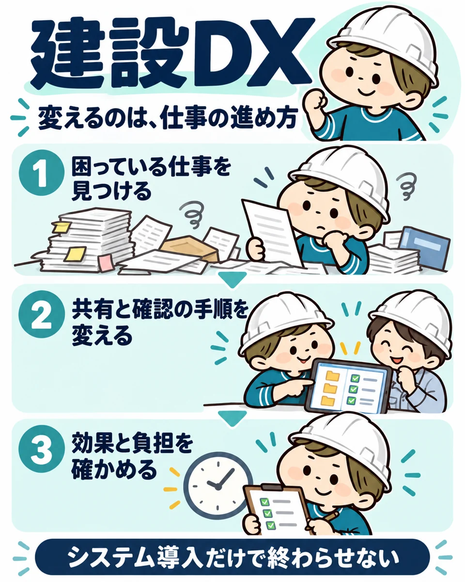 建設DXの学習手順。困っている仕事を見つけ、共有と確認の手順を変え、効果と負担を確かめる。
